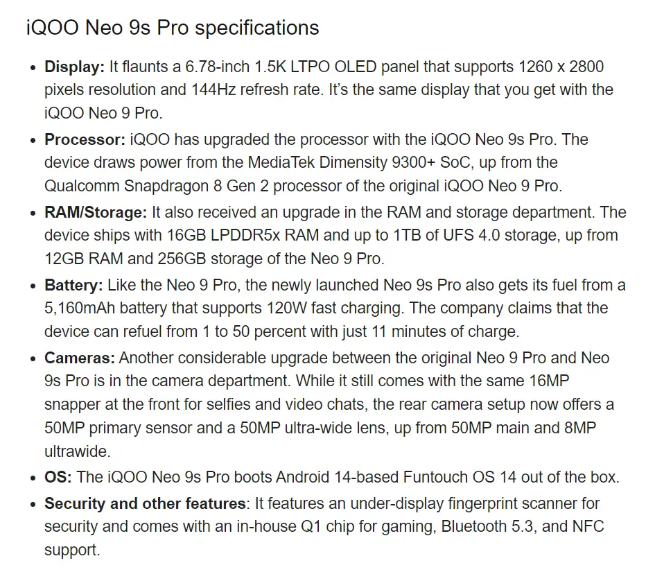 iQOO Neo 9s Pro is Here specifications